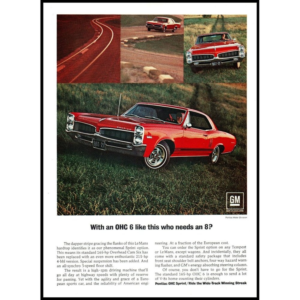 1967 Pontiac OHC Sprint Hardtop Coupe Vintage Print Ad Wide Track Wall Art 60s